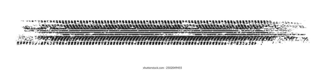 Pista de neumáticos Grunge, marcas de frenado de rueda. Silueta del modelo de la pisada del camión, del coche o de la motocicleta. Auto carrera, automovilismo, elemento de diseño de carreras de velocidad. Ilustración vectorial