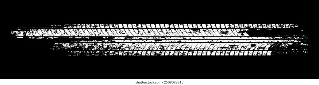 Grunge tire track, wheel braking marks. White truck, car or motorcycle tread pattern silhouette. Auto race, motorsport, speed racing design element. Vector illustration