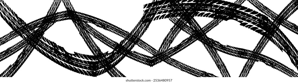 Grunge tire track, wheel braking marks. White truck, car or motorcycle tread pattern silhouette. Auto race, motorsport, speed racing design element. Vector illustration.