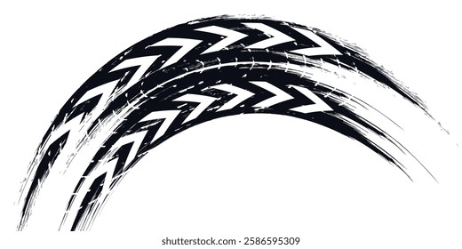 Grunge tire track, wheel braking marks. Truck, car or motorcycle tread pattern silhouette. Auto race, motorsport,