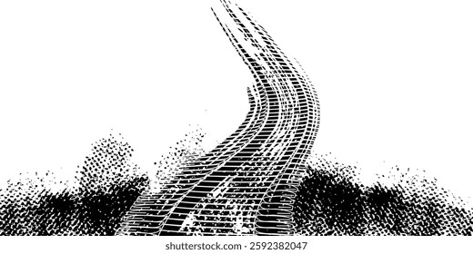 Grunge tire track, wheel braking marks. Truck, car or motorcycle tread pattern silhouette. Auto race, motorsport, speed racing design element. Vector illustration