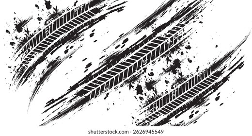 Grunge tire track, wheel braking marks. Truck, car or motorcycle tread pattern silhouette. Auto race, motorsport, speed racing design element. eps 10	
