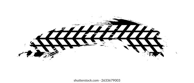 Grunge tire track, wheel braking marks. Truck, car or motorcycle tread pattern silhouette. Auto race, motorsport, speed racing design element. Vector illustration