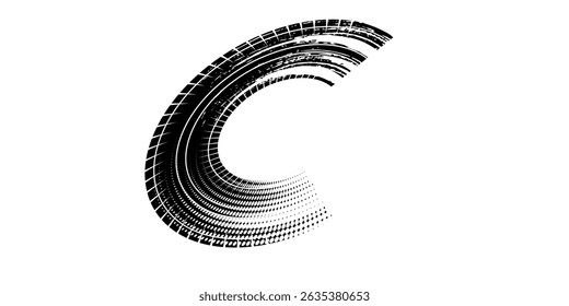 Grunge tire track, wheel braking marks. Truck, car or motorcycle tread pattern silhouette. Auto race, motorsport, speed racing design element.