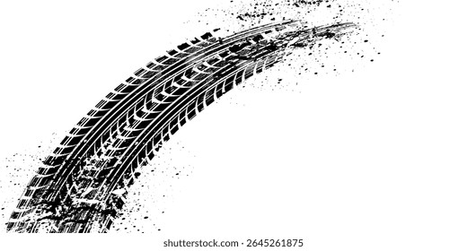 Grunge tire track, wheel braking marks. Truck, car or motorcycle tread pattern silhouette. Auto race, motorsport, speed racing design element. eps 10