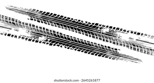 Grunge tire track, wheel braking marks. Truck, car or motorcycle tread pattern silhouette. Auto race, motorsport, speed racing design element. eps 10