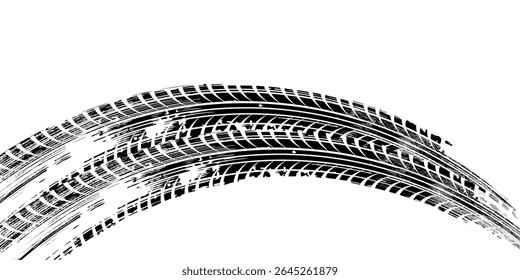 Grunge tire track, wheel braking marks. Truck, car or motorcycle tread pattern silhouette. Auto race, motorsport, speed racing design element. eps 10