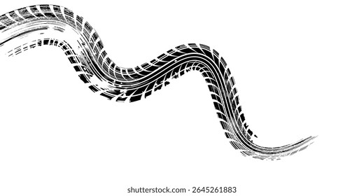 Grunge tire track, wheel braking marks. Truck, car or motorcycle tread pattern silhouette. Auto race, motorsport, speed racing design element. eps 10