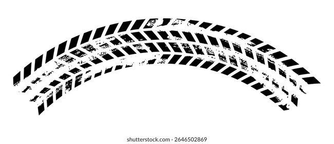 Grunge tire track, wheel braking marks. Truck, car or motorcycle tread pattern silhouette. Auto race, motorsport, speed racing design element. Vector illustration