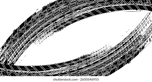 Grunge tire track, wheel braking marks. Truck, car or motorcycle tread pattern silhouette. Auto race, motorsport, speed racing design element. Vector illustration