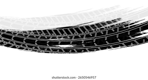 Grunge tire track, wheel braking marks. Truck, car or motorcycle tread pattern silhouette. Auto race, motorsport, speed racing design element. Vector illustration