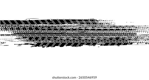 Grunge tire track, wheel braking marks. Truck, car or motorcycle tread pattern silhouette. Auto race, motorsport, speed racing design element. Vector illustration