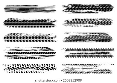 Pistas de neumáticos Grunge mega Elementos en Diseño gráfico plano. Objetos de Paquete de ruedas negras abstractas pisadas, senderos desordenados de motocicletas o automóviles, efecto de textura de caucho sucio en la carretera. Ilustración vectorial.