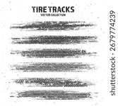Grunge tire tracks with mud splatters, dirty wheel braking marks. Truck, car, or motorcycle tread pattern silhouettes. Perfect for off-road, motorsport, and racing designs. Vector illustration