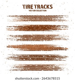 Trilhas de pneus grunge com manchas de lama, marcas de travagem de rodas sujas. Silhuetas padrão de piso de caminhão, carro ou motocicleta. Perfeito para projetos off-road, automobilismo e corridas. Ilustração vetorial
