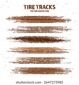 Trilhas de pneus grunge com manchas de lama, marcas de travagem de rodas sujas. Silhuetas padrão de piso de caminhão, carro ou motocicleta. Perfeito para projetos off-road, automobilismo e corridas. Ilustração vetorial