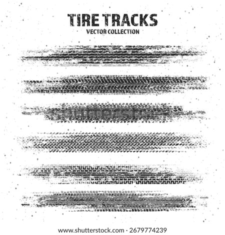 Grunge tire tracks with mud splatters, dirty wheel braking marks. Truck, car, or motorcycle tread pattern silhouettes. Perfect for off-road, motorsport, and racing designs. Vector illustration