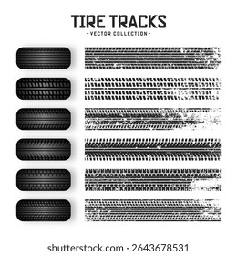 Grunge tire tracks, rubber wheels, and braking marks. Truck, car, or motorcycle tread pattern silhouettes. Perfect for auto racing, motorsport, and speed-related designs. Vector illustration