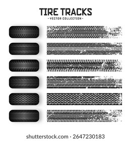 Grunge tire tracks, rubber wheels, and braking marks. Truck, car, or motorcycle tread pattern silhouettes. Perfect for auto racing, motorsport, and speed-related designs. Vector illustration