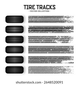 Grunge tire tracks, rubber wheels, and braking marks. Truck, car, or motorcycle tread pattern silhouettes. Perfect for auto racing, motorsport, and speed-related designs. Vector illustration
