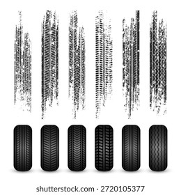 Reifenspuren, Gummiräder und Bremsspuren schleifen. LKW, Auto oder Motorrad Laufflächenmuster Silhouetten. Perfekt für Autorennen, Motorsport und geschwindigkeitsbezogene Designs. Vektorgrafik