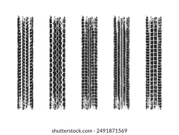 Grunge tire tracks set. Tire tread or wheel braking tracks. Car and motorcycle tread patterns. Dirty grunge textures of wheels. Vector illustration.