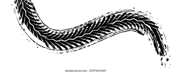 Grunge tire tracks set. Tire tread or wheel braking tracks. Car and motorcycle tread patterns. Dirty grunge textures of wheels. Vector illustration.