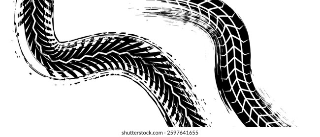 Grunge tire tracks set. Tire tread or wheel braking tracks. Car and motorcycle tread patterns. Dirty grunge textures of wheels. Vector illustration.