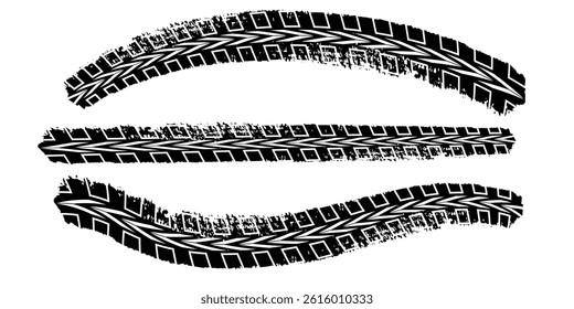 Grunge tire tracks set. Tire tread or wheel braking tracks. Car and motorcycle tread patterns. Dirty grunge textures