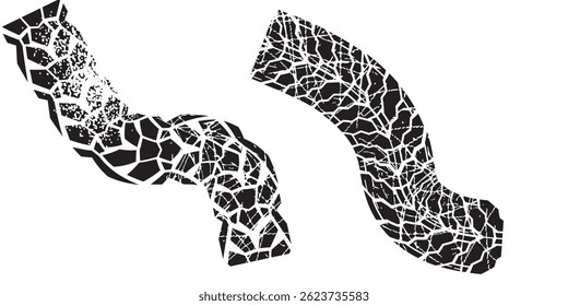 Grunge tire tracks set. Tire tread or wheel braking tracks. Car and motorcycle tread patterns. Dirty grunge textures of wheels. Modern Vector