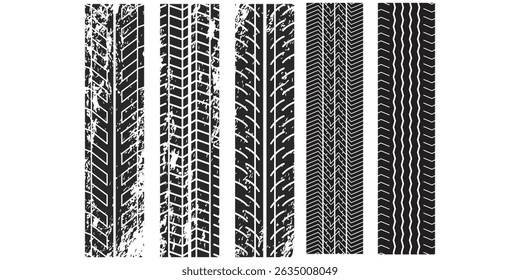 Grunge tire tracks set. Tire tread or wheel braking tracks. Car and motorcycle tread patterns. Dirty grunge textures of wheels. Vector illustration.