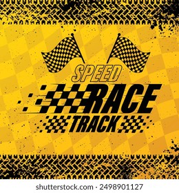 Grunge tire tracks with sport flags and sample text