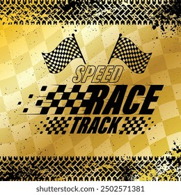 Grunge tire tracks with sport flags and sample text