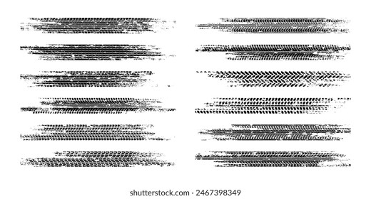 Grunge tire tracks, wheel braking marks. Truck, car or motorcycle tread pattern silhouettes. Auto race, motorsport, speed racing design element. Vector illustration