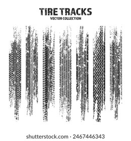 Grunge tire tracks, wheel braking marks. Truck, car or motorcycle tread pattern silhouettes. Auto race, motorsport, speed racing design element. Vector illustration