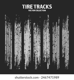 Grunge tire tracks, wheel braking marks. Truck, car or motorcycle tread pattern silhouettes. Auto race, motorsport, speed racing design element. Vector illustration