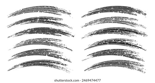 Grunge tire tracks, wheel braking marks. Truck, car or motorcycle tread pattern silhouettes. Auto race, motorsport, speed racing design element. Vector illustration