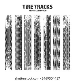 Grunge tire tracks, wheel braking marks. Truck, car or motorcycle tread pattern silhouettes. Auto race, motorsport, speed racing design element. Vector illustration