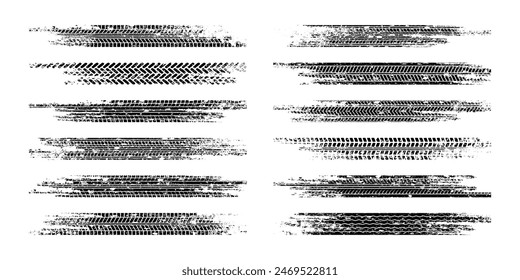 Grunge tire tracks, wheel braking marks. Truck, car or motorcycle tread pattern silhouettes. Auto race, motorsport, speed racing design element. Vector illustration