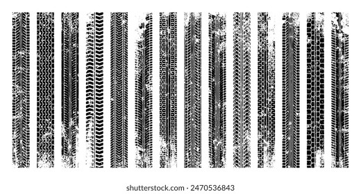 Grunge tire tracks, wheel braking marks. Truck, car or motorcycle tread pattern silhouettes. Auto race, motorsport, speed racing design element. Vector illustration.