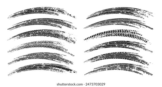 Grunge tire tracks, wheel braking marks. Truck, car or motorcycle tread pattern silhouettes. Auto race, motorsport, speed racing design element. Vector illustration