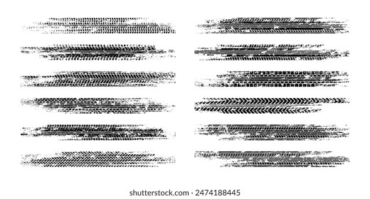 Grunge tire tracks, wheel braking marks. Truck, car or motorcycle tread pattern silhouettes. Auto race, motorsport, speed racing design element. Vector illustration.