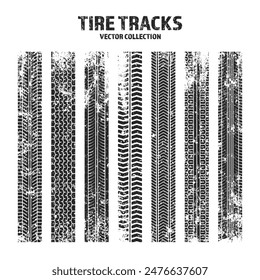 Grunge tire tracks, wheel braking marks. Truck, car or motorcycle tread pattern silhouettes. Auto race, motorsport, speed racing design element. Vector illustration