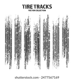 Grunge tire tracks, wheel braking marks. Truck, car or motorcycle tread pattern silhouettes. Auto race, motorsport, speed racing design element. Vector illustration