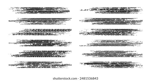 Grunge tire tracks, wheel braking marks. Truck, car or motorcycle tread pattern silhouettes. Auto race, motorsport, speed racing design element. Vector illustration