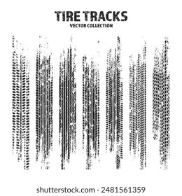 Grunge tire tracks, wheel braking marks. Truck, car or motorcycle tread pattern silhouettes. Auto race, motorsport, speed racing design element. Vector illustration