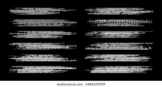 Grunge tire tracks, wheel braking marks. Truck, car or motorcycle tread pattern silhouettes. Auto race, motorsport, speed racing design element. Vector illustration