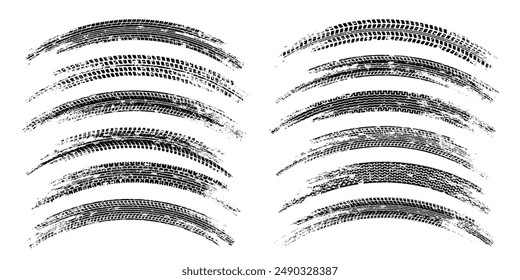 Grunge tire tracks, wheel braking marks. Truck, car or motorcycle tread pattern silhouettes. Auto race, motorsport, speed racing design element. Vector illustration