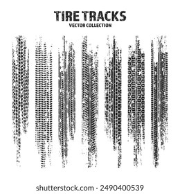 Grunge tire tracks, wheel braking marks. Truck, car or motorcycle tread pattern silhouettes. Auto race, motorsport, speed racing design element. Vector illustration