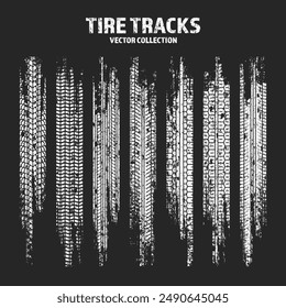 Grunge tire tracks, wheel braking marks. Truck, car or motorcycle tread pattern silhouettes. Auto race, motorsport, speed racing design element. Vector illustration